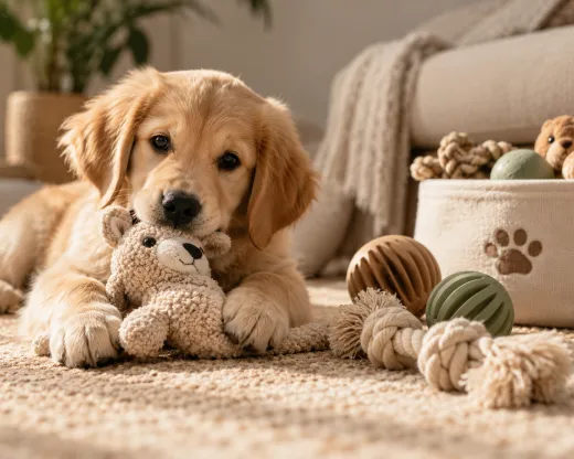 Cachorro golden com um peluche e brinquedos de corda