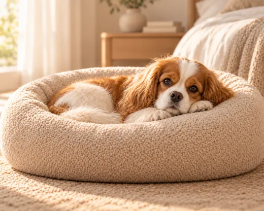Cavalier King Charles deitado numa cama redonda de bouclé