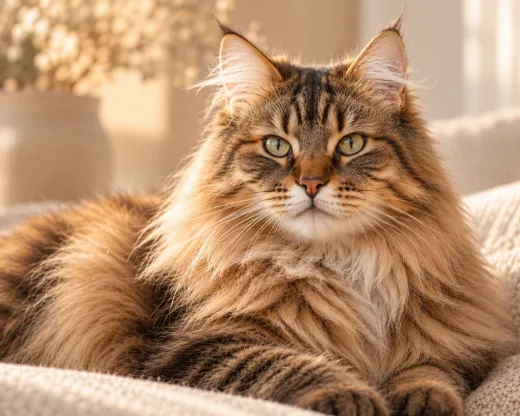Gato de pelo longo deitado numa manta clara
